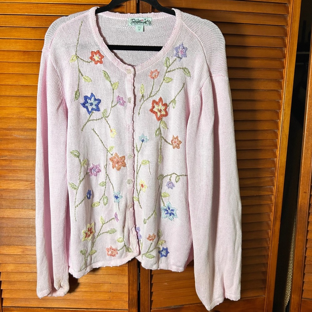 VTG Pink Floral Embroidered Button Front Cardigan Sweater Womens XL